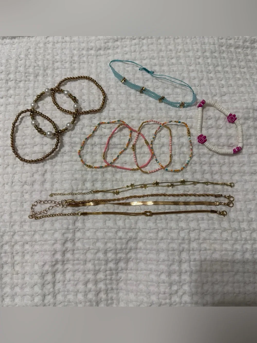 Assorted Women’s Beaded and Gold-Tone Bracelets - Pink, Turquoise, White, Gold